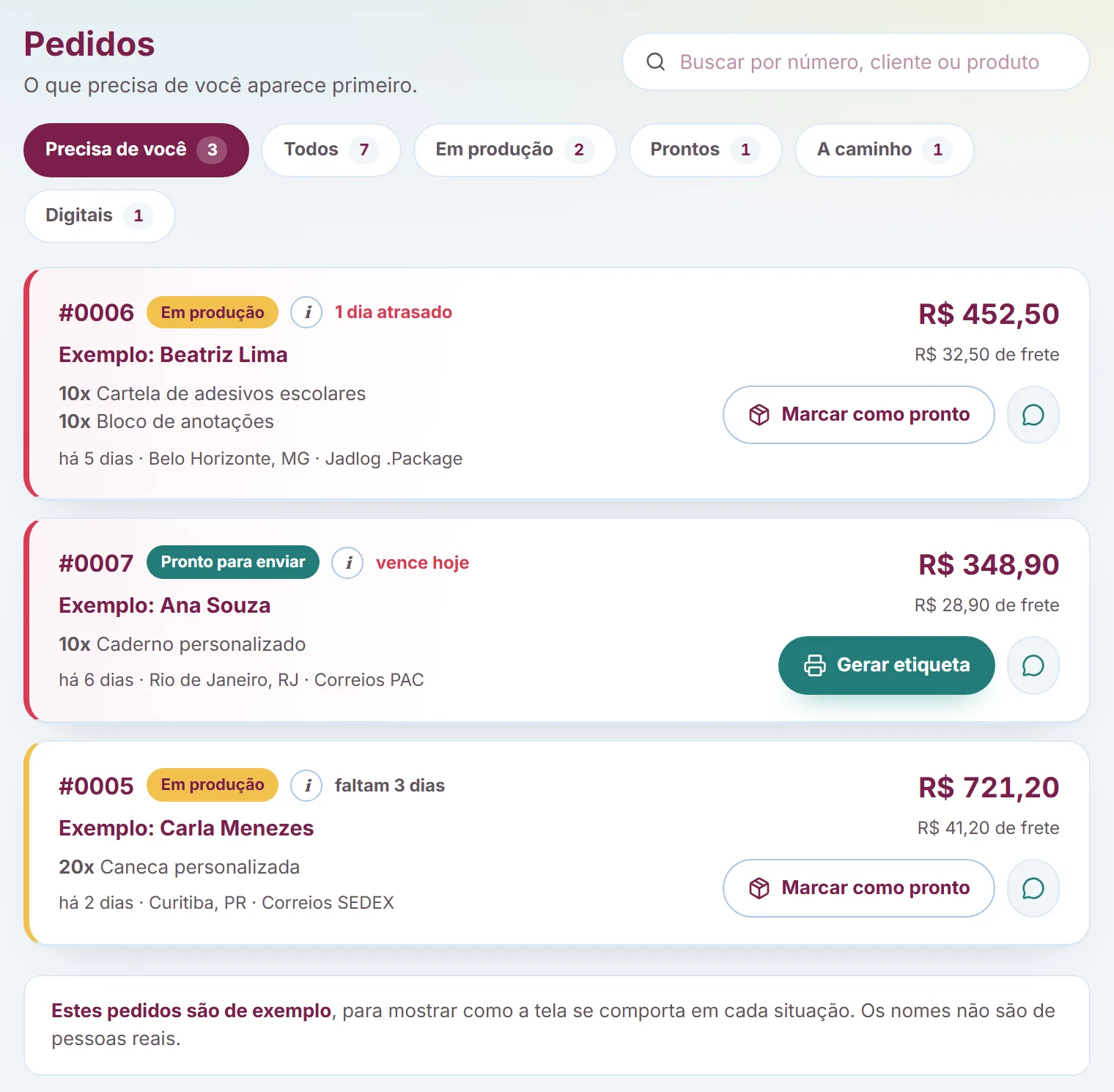 Order dashboard of the store: orders in production and ready to ship, with amount, shipping cost, carrier and the button that creates the shipping label