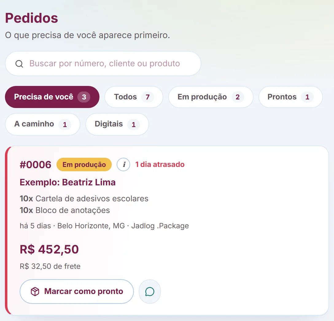 Order dashboard of an online store: status filters and a sample order in production, with amount, shipping and the Mark as ready button